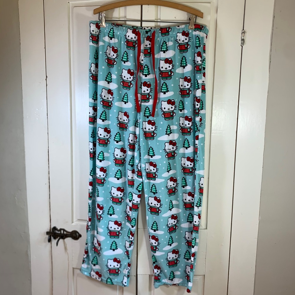 Hello Kitty Sanrio Christmas Fleece Pajama Pants Blue Winter‎ Holiday Large